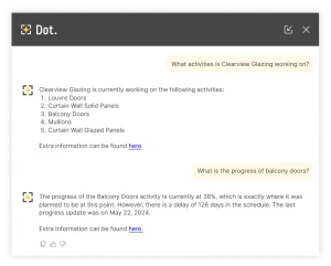 Screen showing an interaction on the Dot construction management AI assistant.